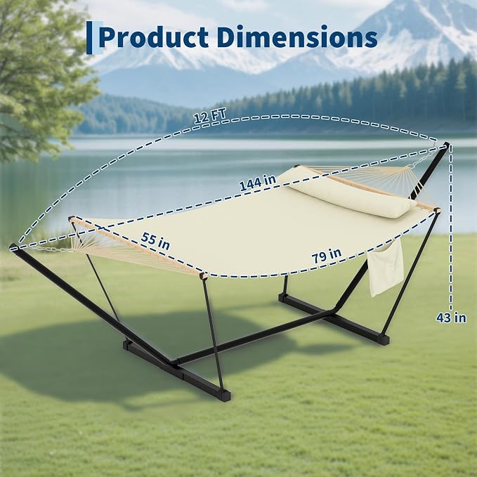 Double Hammock with Stand for Outdoor - Heavy Duty Portable 2 Person Hammock with Adjustable Steel Stand, 450 Lbs Capacity Free-Standing Fabric Hammock Bed with Spreader Bars, Pillow & Side Pocket