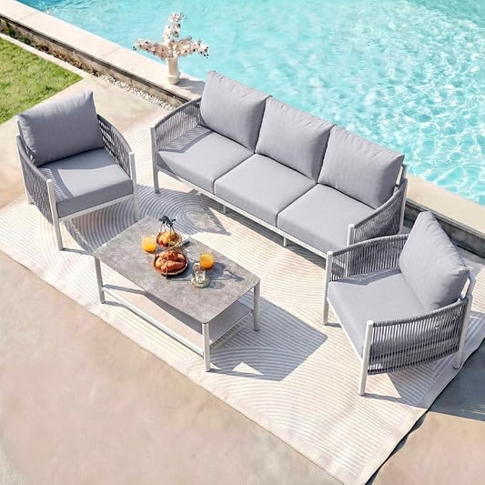 Aluminum Patio Furniture Set, 5 Seats Modern Outdoor Sectional Furniture with PE Rope & Dual-Layer Coffee Table, Luxury Patio Conversation Sets with 6" Cushions for Backyard/Garden, White