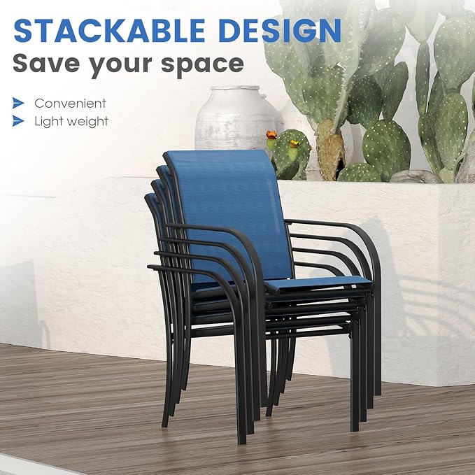 VICLLAX Patio Dining Set for 6, 7-piece Outdoor Dining Set - 59" Rectangle Patio Table and Chairs for Lawn Garden, Black Tabletop and Blue Fabric