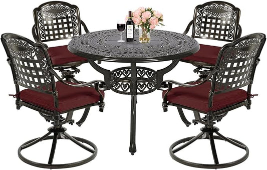 MEETWARM 5-Piece Outdoor Patio Dining Set, All-Weather Cast Aluminum Patio Conversation Set with 4 Cushions Swivel Rocker Chairs for Garden Backyard Deck and 38.5" Round Table, Chili Red