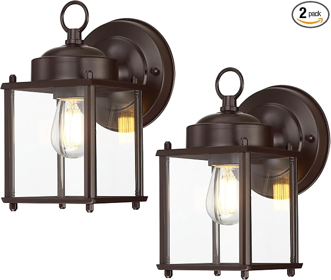Outdoor Wall Light, Porch Lamp, Rustproof Waterproof,Bronze | Exterior Wall Sconce Fixture for House, Garage, Patio, Metal Housing with Glass, E26 Base, 2 Pack