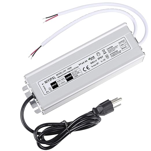 LED Driver 150 Watts 24V DC Low Voltage Transformer， Waterproof IP67 LED Power Supply, Adapter with 3-Prong Plug 3.3 Feet Cable for Any 24V DC led Lights, Computer Project, Outdoor Light