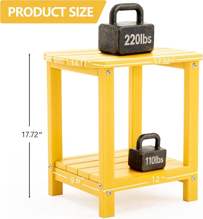 Adirondack Small Outdoor Side Table - Weatherproof HDPE Patio End Table with 2-Tier Storage for Firepit, Balcony, Garden, Poolside or Bathroom (Yellow, Set of 4)