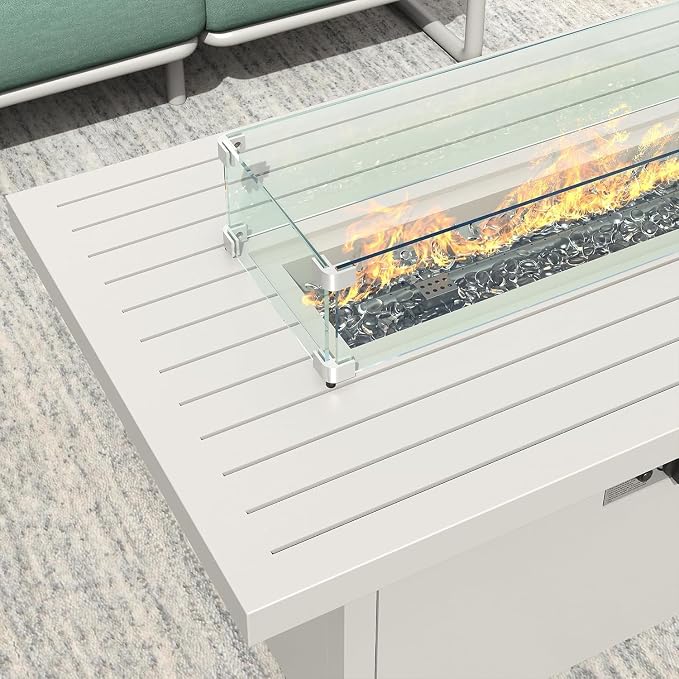 7-Seat Aluminum Patio Conversation Set, Modern Outdoor Sofa with Oversized Fire Pit Table (Glass Wind Guard), 6.5" Thick Cushions, All-Weather for Balcony, Garden (White)