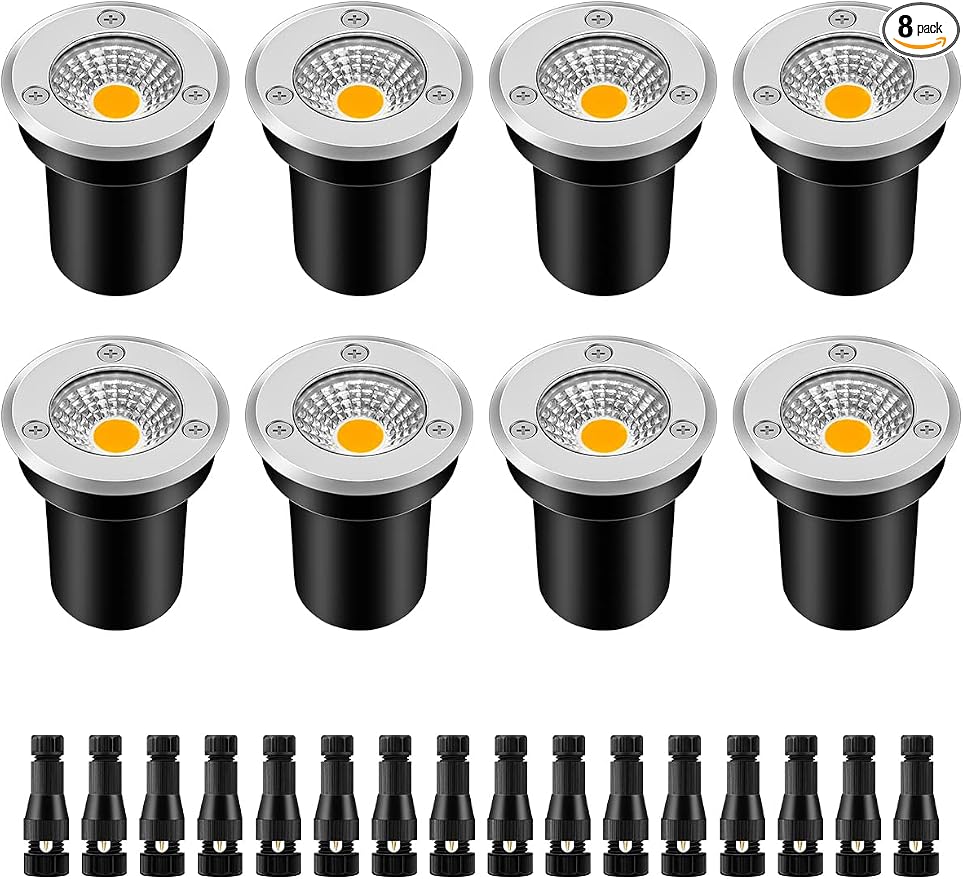 ZUCKEO Low Voltage Landscape Lighting LED Well Lights 3W 12V-24V in Ground Light IP67 Waterproof Outdoor Low Voltage Landscape Lights for Floor Driveway Deck Step Garden (8 Pack Warm White)