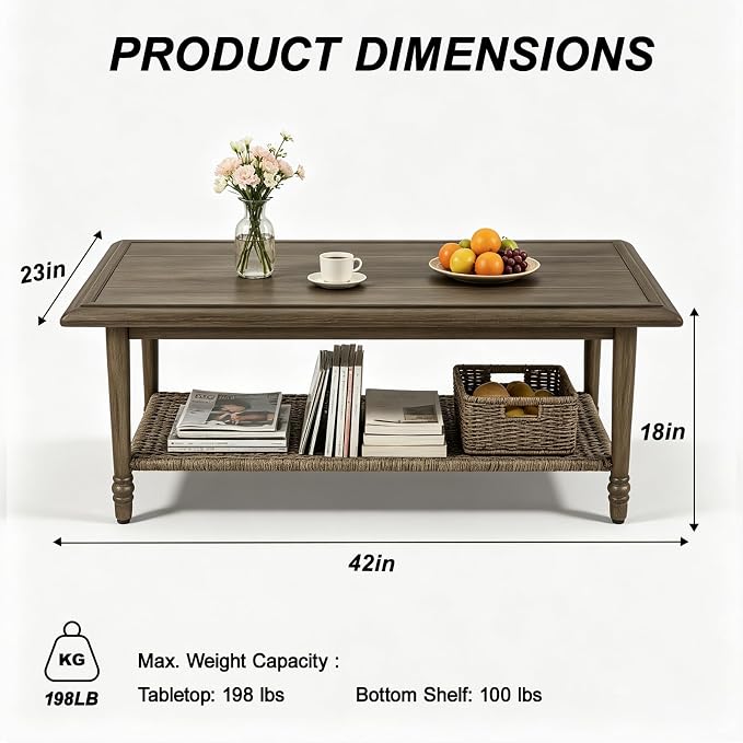 Outdoor Coffee Table, All-Weather Wicker Patio Table, 2-Layer Patio Coffee Table with Storage, Outdoor Side Table for Garden Porch Balcony Poolside