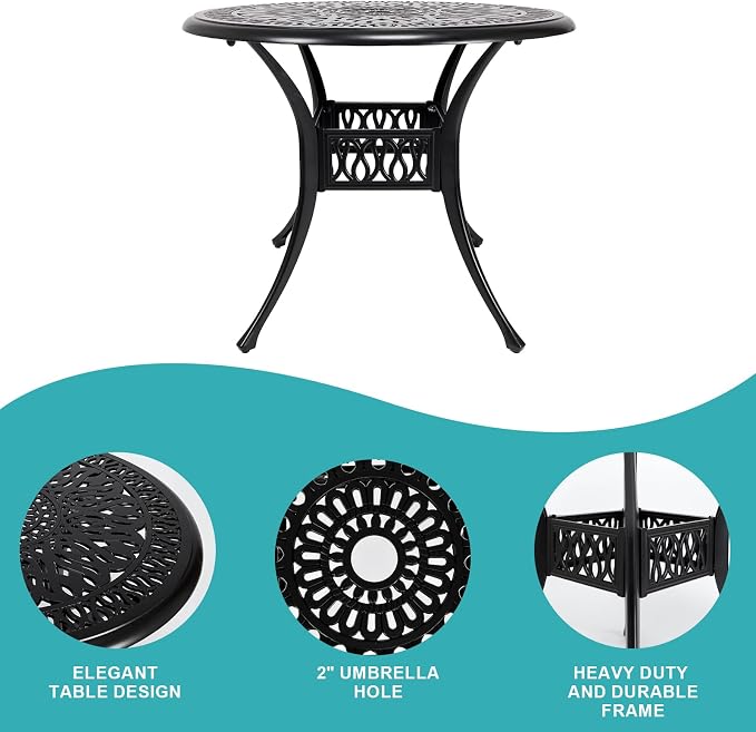 35" Outdoor Patio Table Cast Aluminum Dining Table,All Weather Metal Bistro Round Table with 2.4" Umbrella Hole for Garden,Backyard,Porch,Balcony,Black