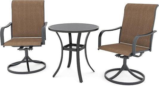 Anmutig 3-Piece Outdoor Patio Dining Set, 27.5" Black Round Table with 2 Swivel Rocking Patio Chairs Furniture Set for Kitchen Garden, Backyard, Brown