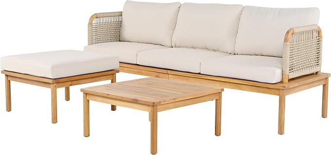 JIVOIT 3-Piece L-Shape Outdoor Furniture Set, Outdoor Acacia Wood and Rope Patio Sofa Set, Conversation Set with Acacia Wood Coffee Table and Ottoman for Backyard Porch Garden