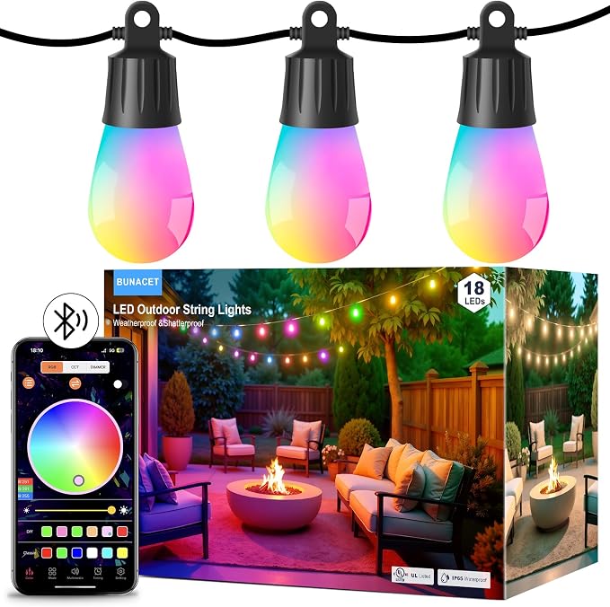 Outdoor String Lights 18 LED Bulbs, 64(52+12) ft RGB+IC+Warm White | APP Control with Remote，Outdoor Lights Music Sync for Garden Party Decor Christmas, NOT Extendable