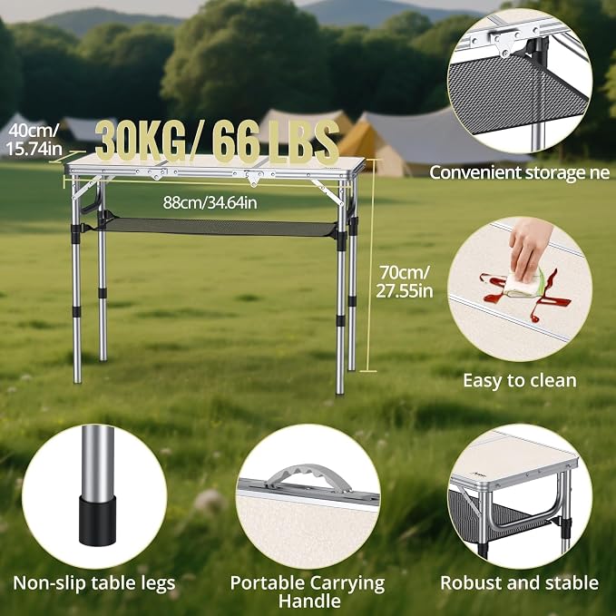 Anbte Folding Camping Table with Storage Net, 3ft Camping Table Aluminum Folding Table with 3 Adjustable Height Max 27.1 Inch, Portable, for Outdoor Backyard BBQ, Silver