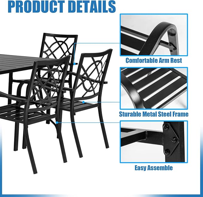 Crownland 5 Piece Patio Dining Set, 4 Stackable Metal Chairs and Square Outdoor Dining Table with 1.57 inch Umbrella Hole (Metal Tabletop), Black