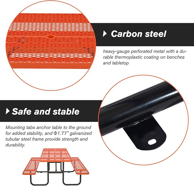Picnic Tables for Outdoors with Umbrella Hole-Coated Steel Heavy Duty Commercial Grade Table with Seats,Commercial Metal Picnic Tables,Heavy Rectangular Furniture Set for a Lifetime (Orange)