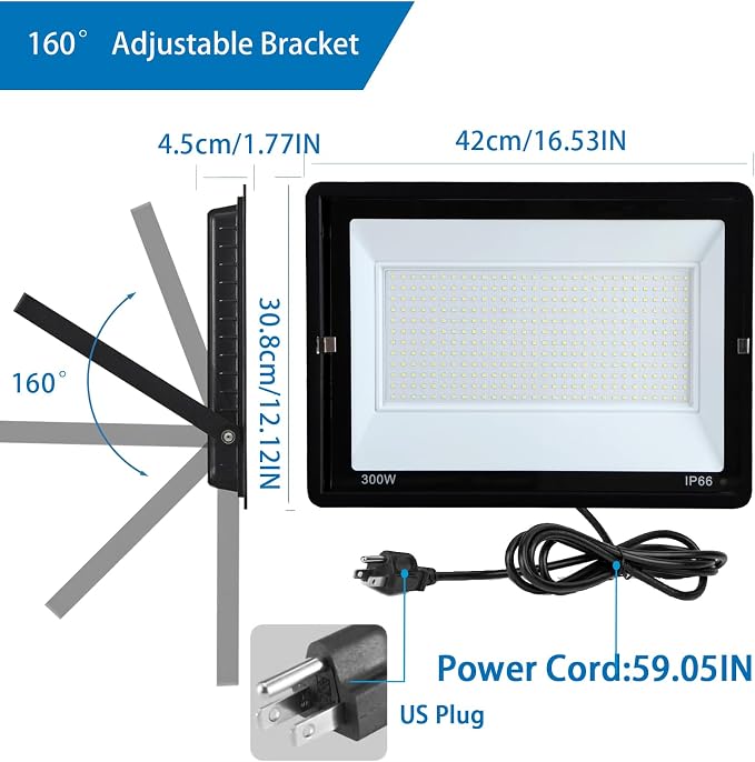 300W LED Flood Light Outdoor, LED Work Light,Floodlight Fixture with Plug in IP66 Waterproof, 6500K 2Pack Security Light for Yard Garden Stadium Garage Playground