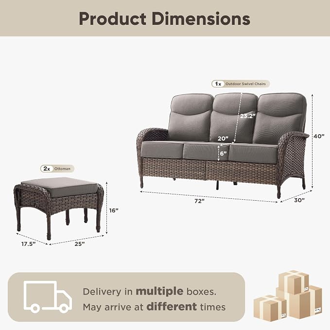 HUMMUH Outdoor Couch with 6-inch Thick Cushion, Luxury High Back Patio Furniture Set -Patio Sofa with Ottomans,3PCS Wicker Conversation Set for Deck Yard and Porch
