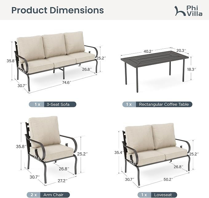 PHI VILLA Patio Furniture Set, 1 Loveseat, 3-Seater Sofa, 2 Fixed Chairs and 1 Coffee Table, Outdoor Metal Conversation Set with 5.75" Extra Thick Cushion for Garden Backyard Deck, Beige