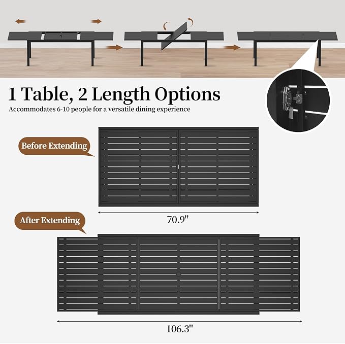 PIZZELLO 11 Pieces Outdoor Dining Set, 106" Extendable Aluminum Patio Dining Table w/ 10Pcs HDPE Patio Chairs, All Weather Outdoor Table and Chairs Sets for Backyard, Garden and Deck