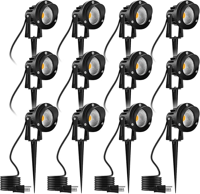 Romwish 12 Pack LED Landscape Spotlights, 120V Plug-in Outdoor Lighting | 12W 1200LM Brightness with 3000K Warm White, IP65 Waterproof, Adjustable head & 60° Beam for Tree Garden Pathway Yard