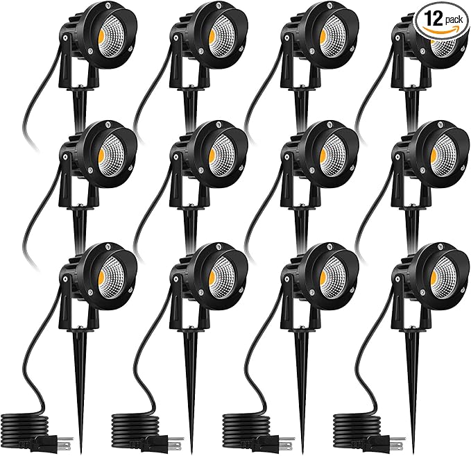 Romwish 10W Landscape Lighting, 120V Plug-in Outdoor Spotlights, 12 Pack | 3000K Warm White, 1100LM Bright LED, IP65 Waterproof, 120V Plug and Play, Adjustable 270° Beam for Yard Garden Lawn Tree