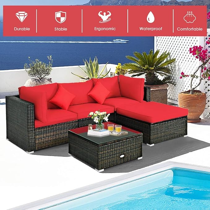 HAPPYGRILL 5 Pieces Patio Conversation Set, Outdoor Rattan Wicker Furniture Set, Sectional Sofa Ottoman Set with Coffee Table, Cushion, Pillow for Garden Lawn Balcony Backyard