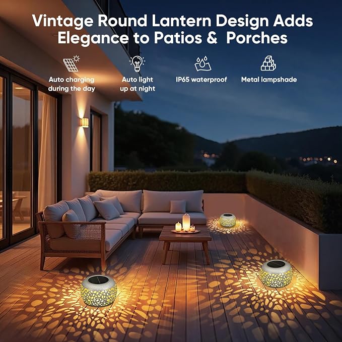 Solar Lanterns Outdoor Waterproof: 2 Pack White Hollow Out Metal Solar Lights - 2 Lighting Colors Outside Garden Yard Porch Indoor Tabletop Retro Decorations - Unique Gifts for Women Mom Wife