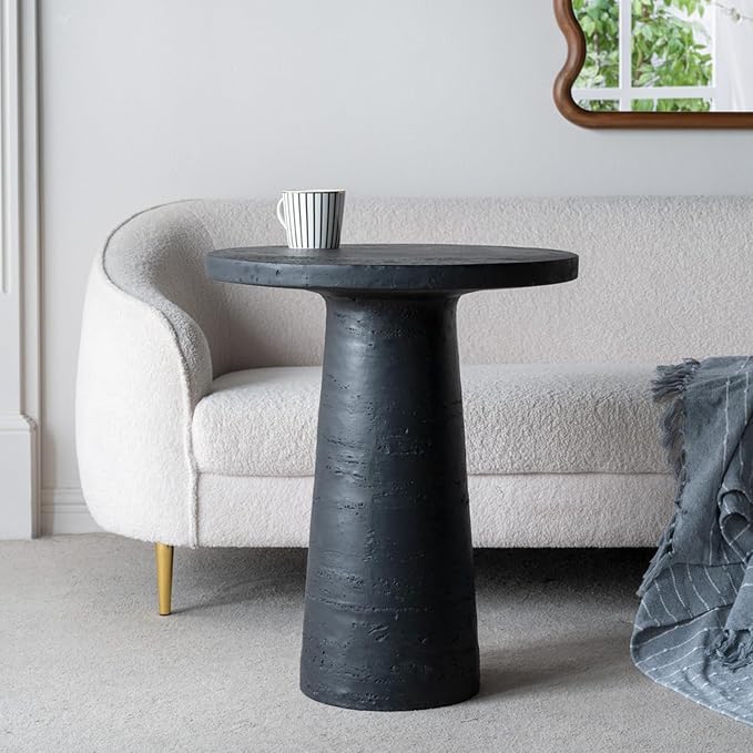 Faux Stone Side Table Round End Table Patio Small Drink Table for Small Spaces, Modern Circle Pedestal End Tables Nightstand for Living Room Bedroom Corners Office (Black)