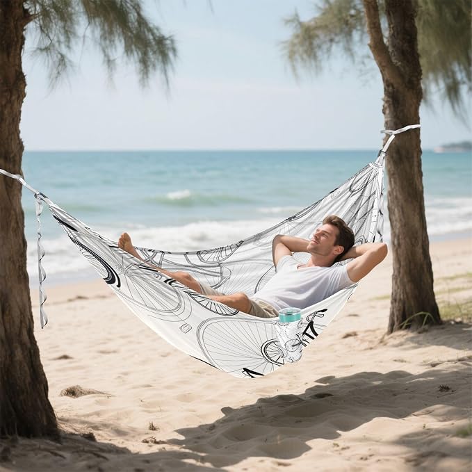 Bike Print Camping Hammock, Portable Lightweight Single Hammock with Tree Straps and Aluminum Carabiners, 114" x 54" Travel Hammock for Hiking Backpacking Beach