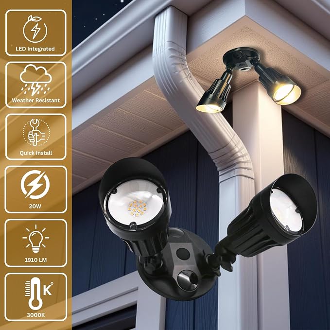 LED Black 2-Light Bullet Flood Light- 3000K Adjustable Dual Head Hardwired Outdoor Security Light, Waterproof Spot Light for Yard, Patio, Garden, Garage, Landscape & Exterior Walls