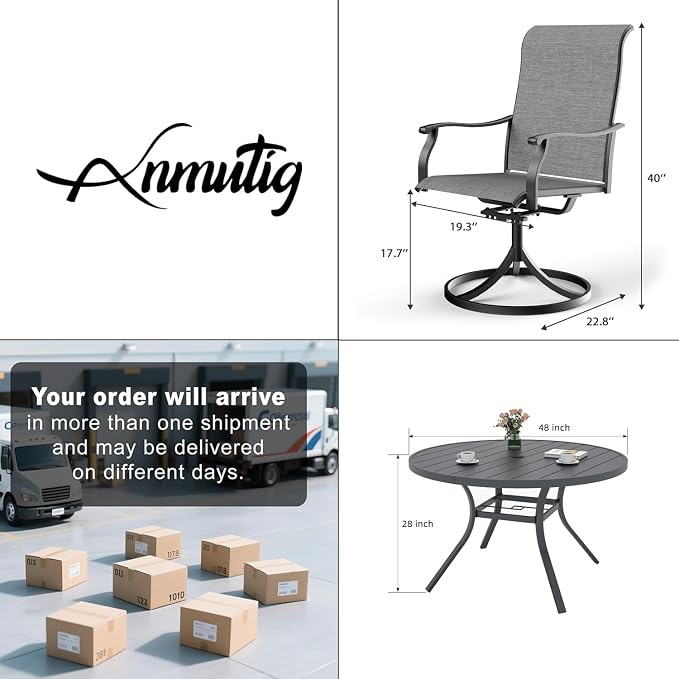 Patio 48" Round Table and Grey High Back Swivel Chairs Outdoor Dining Set 5 | 4 Piece Swivel Chairs: High Back, Retro Armrest, Textilene Fabric, Rocking; 48 inch Metal Round Table, All Weather