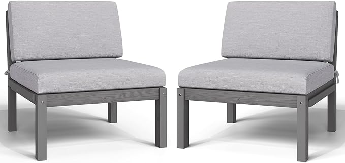 Outdoor Patio Chairs Set of 2, HIPS Modular Sectional Seatings & Thick Cushions– Side Interlock Easy to Connect, Weatherproof Patio Furniture Set for Backyard, Deck, Poolside (Grey)