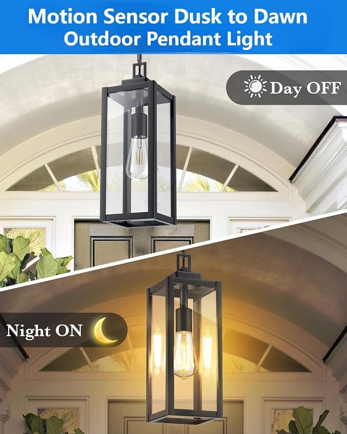 15'' Large Motion Sensor Outdoor Pendant Lights, With Dusk to Dawn Sensor | Modern Outside Chandelier Outdoor Hanging Lantern with Clear Glass, Exterior Pendant Lighting Fixture for Porch, Black, 1Pack
