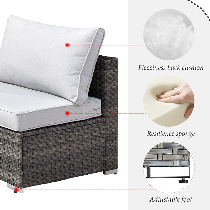 HOOOWOOO Patio Outdoor Sectional Furniture Sofa Set,7 Piece U Shaped Corner Wicker Rattan Couch Set,Rustic 6 Persons Summer Patio Conversation Set for Outside Porch Deck Garden(Light Gray)
