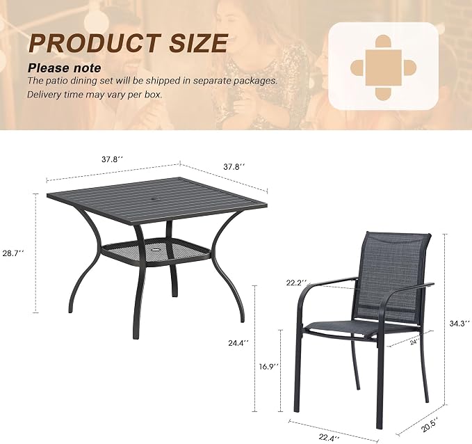 VICLLAX 5 Pieces Patio Outdoor Dining Set, 38" Square Metal Dining Table with Umbrella Hole and 4 Stackable Textilene Chairs for Patio, Lawn, Garden, Porch, Black/Grey