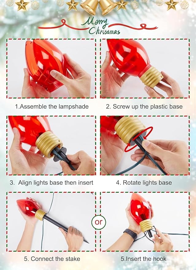 Jumbo C9 Christmas Pathway Lights Outdoor,2Pack Total 17FT C9 Walkway Light | 10 LED Multicolor Bulb Holiday Pathway Light with Marker Stake, Connectable Christmas Lights Outdoor Decoration for Lawn Yard