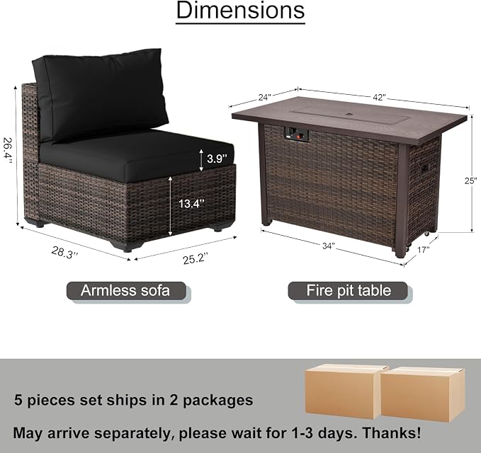 Patio Furniture Set with Fire Pit Table, Outdoor Sectional Rattan Sofa Set, Patio Set Seating Furniture with Thickened Cushions (Black, 9 Pieces)