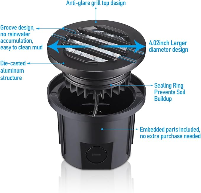 LEONLITE 6-Pack Dia. 4 Inch 5CCT Well Light Grated Top Black | 12-24V AC/DC, CRI90, 1800K/2700K/3500K/4000K/5000K, Landscape LED In Ground Outdoor, Low Voltage Garden Landscaping, Aluminum