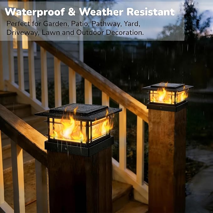 Dynaming 4x4 Solar Post Cap Lights Outdoor with Flickering Flame Light, 6 Pack Black Shell Fence Post Solar Lights Fit 4x4 Vinyl/Wooden Posts, Brightness LED Lighting Decor for Garden Deck Patio