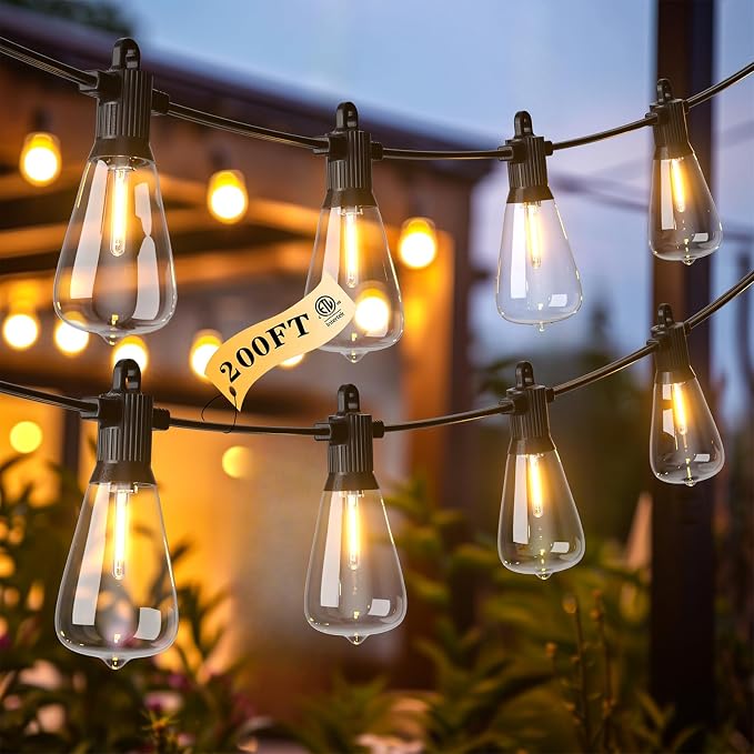 Kawaya 200FT LED Outdoor String Lights, Dimmable Waterproof Shatterproof Vintage Patio Lights with 100+4 Bulbs, Commercial Grade for Backyard, Garden, Bistro, Cafe & Party