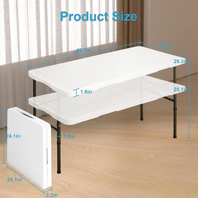 Bblife 4ft Portable Folding White Event Table, Plastic Pinic Camping Table wiht 2 Adjustable Heights, Indoor Outdoor Heavy Duty Utility Table with Carry Handle, White