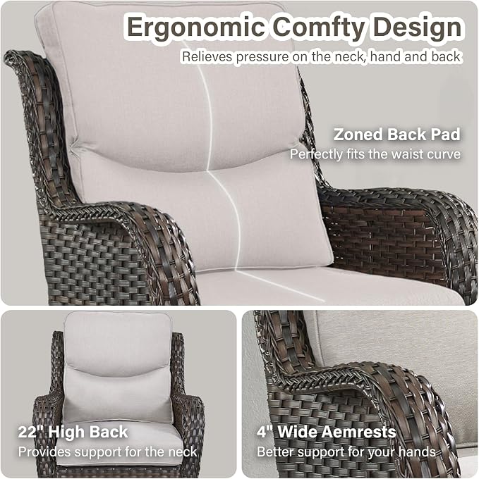 Outdoor Swivel Rocker Patio Chairs Set of 4 with Fire Table - 5" Thick Cushion 6 Piece Furniture Set with Fire Pit Table All Weather Wicker Conversation Set for Porch Deck - Brown/Beige