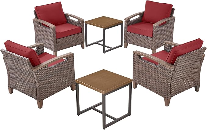 Rilyson Wicker Outdoor Patio Furniture Set of 6, 6 Piece Patio Conversation Sets with 4 Chairs and 2 Side Table, Thick Cushions, Waterproof Wicker, for Porch Deck Brown/Red