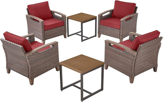 Rilyson Wicker Outdoor Patio Furniture Set of 6, 6 Piece Patio Conversation Sets with 4 Chairs and 2 Side Table, Thick Cushions, Waterproof Wicker, for Porch Deck Brown/Red
