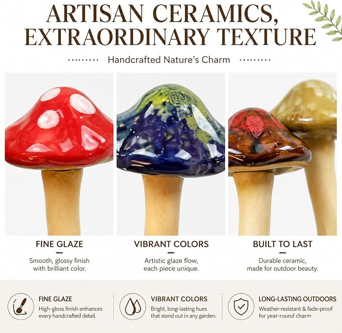 5 Pcs Ceramic Mushrooms for Garden Decor, Outdoor Fairy Garden, Yard | 4.7" Tall Pottery Mushroom Statues, Colorful Outside Ornaments for Lawn, Patio, Indoor Plant Flower Pots