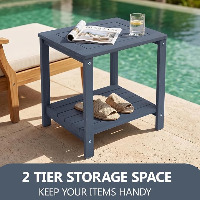 Solid Fir Wood Side Table with 2-Tier Storage, Weather-Resistant Outdoor Indoor End Table,Darkblue Rustic Color Night Stand
