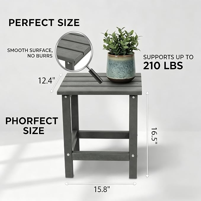 AMILY HDPE Outdoor Adirondack Side Table, Weather Resistant Patio End Table, Heavy Duty Rectangle Side Table for Garden, Balcony, Poolside, Easy Assembly (Grey)