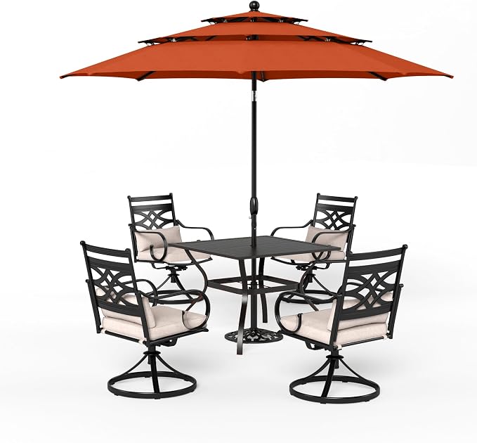 Sophia & William Patio Dining Set, Steel, 10ft Umbrella Red | Swivel Chairs, E-Coated, Cushions Included, For Patio, Garden and Yard