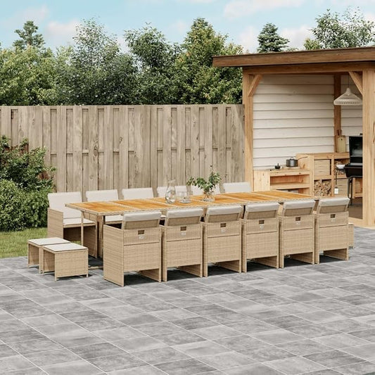 16-Piece Outdoor Dining Set, PE Rattan Patio Furniture with Acacia Wood Table, 12 Foldable Chairs and 12 Stools for Backyard, Garden, and Terrace