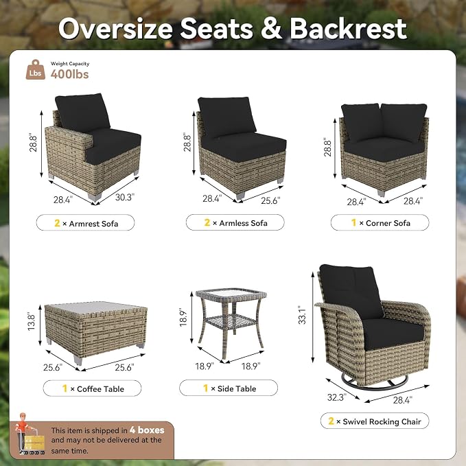 LazySunsets Luxury Patio Furniture Set，All-Weather Patio Sectional Sofas with Thickened Cushions, 8 Piece Outdoor Furniture Sectional Set with Swivel Rocker Chairs of 2，Black