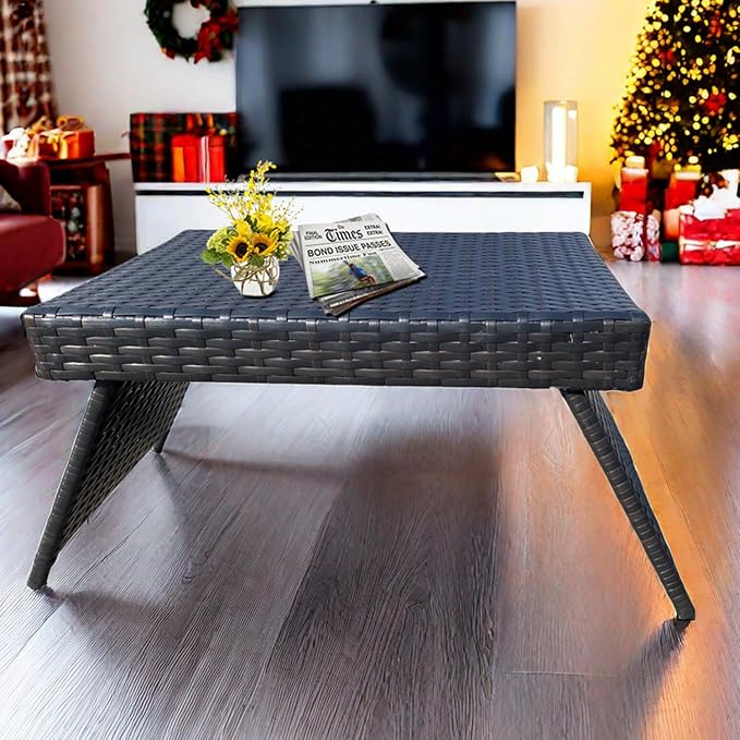 Patio Coffee Table - Outdoor Foldable Wicker Side Table for Balcony, Garden, Lawn, Poolside, Backyard Bistro