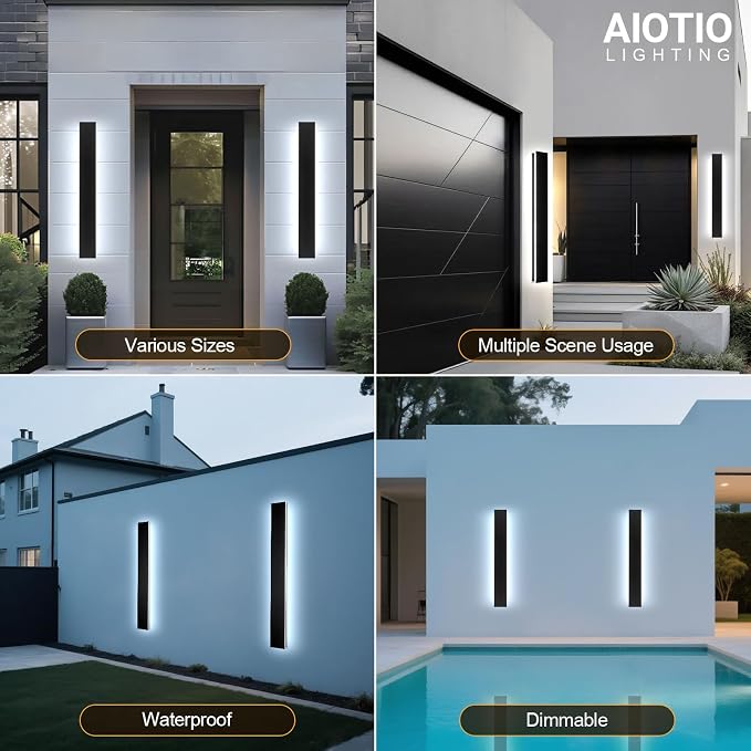 39.3in 2pcs Modern Outdoor Wall Light for House,AioTio Black Upgraded 4.72in Wide Dimmable Waterproof IP65 Porch Lights Wall Sconce,Long LED Linear Outside Exterior Lighting Fixtures for Garage,Patio